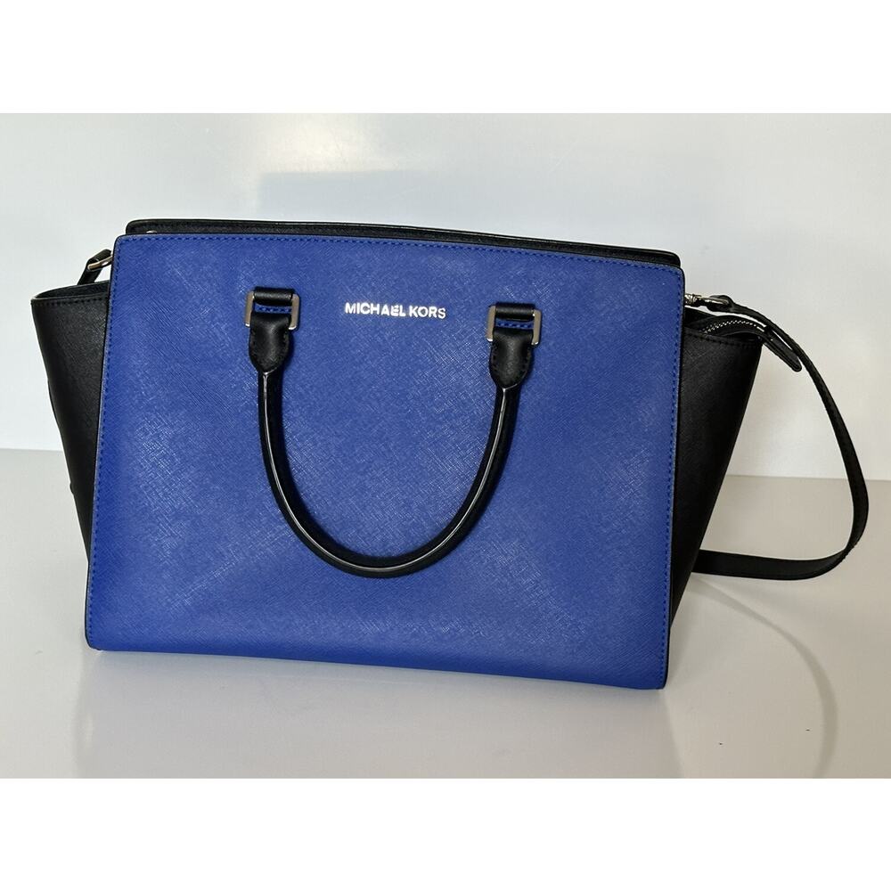 Michael Kors Selma Sapphire/Black LG Leather Satchel Handbag - Picture 8 of 13